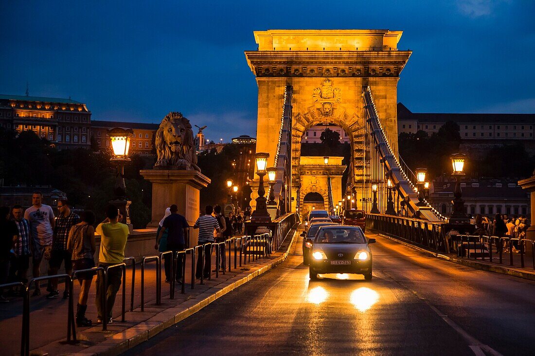 Eastern Europe, Hungary, Budapest, The Danube River The Chain Bridge at night.