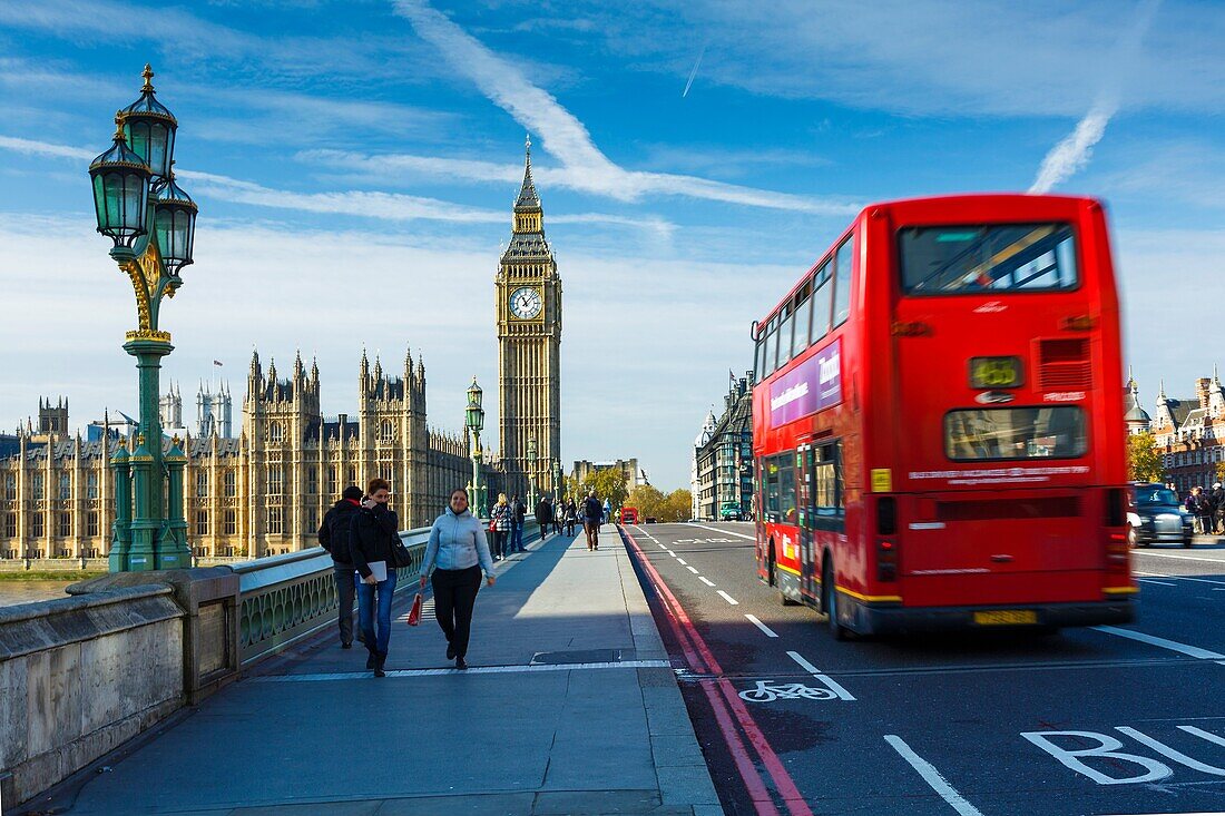 Big Ben and typical red bus. London, England, United kingdom, Europe.