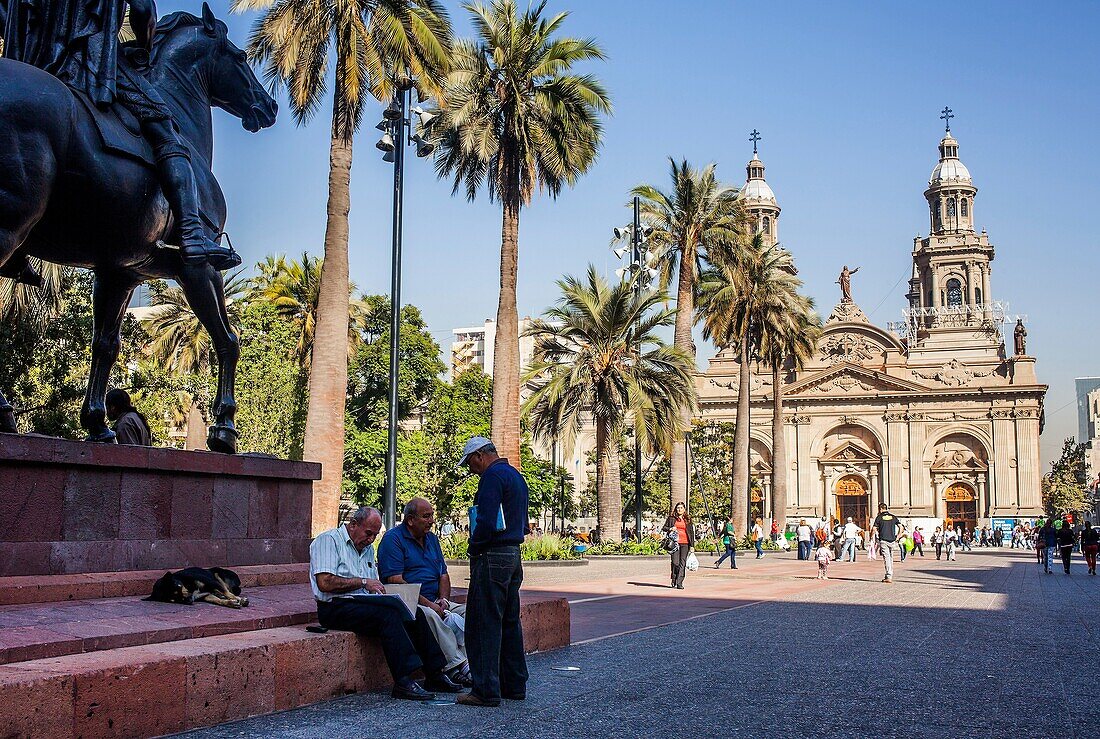 Plaza de Armas, Cathedral and Pedro de Valdivia equestrian statue, Santiago. Chile.