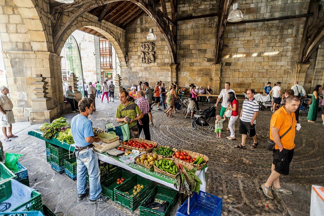Sunday local market under Santa María de Uribarri biggest Church hall covered in Europe. Durango, Biscay, Basque Country, Spain.