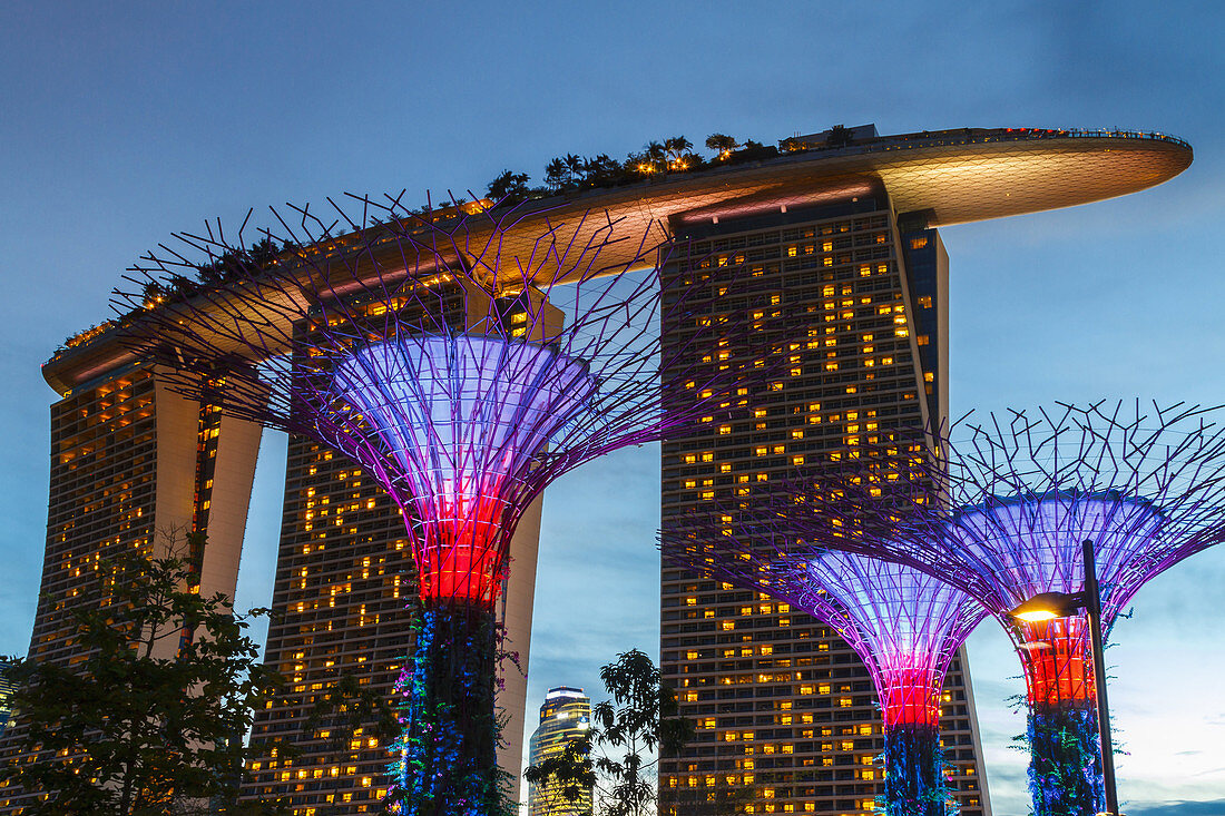 Gardens by the Bay and Marina Bay Sands Hotel at night. Singapore, Asia.