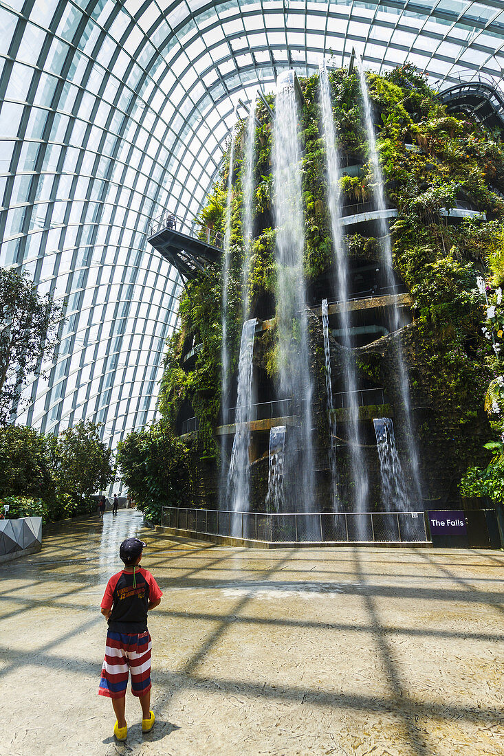 People in the Cloud Forest conservatory. Gardens by the Bay. Singapore, Asia.