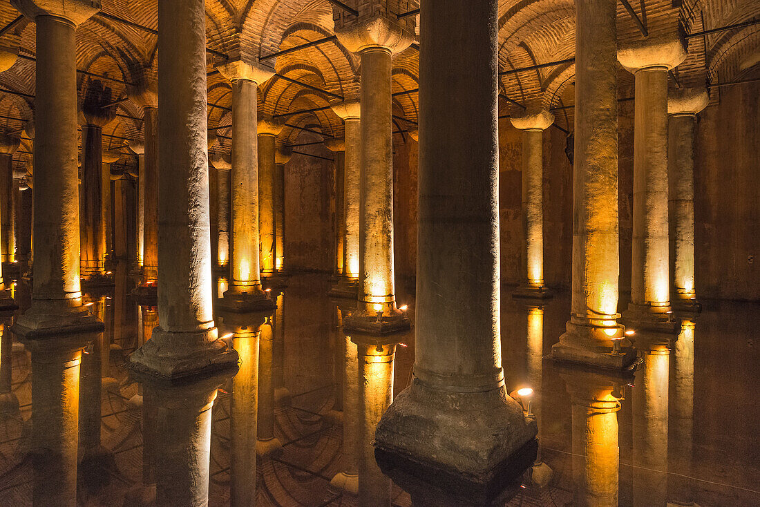 Columns in the Yerebatan underground Cistern near the Hippodrome, Sultanahmet, Istanbul, Turkey.