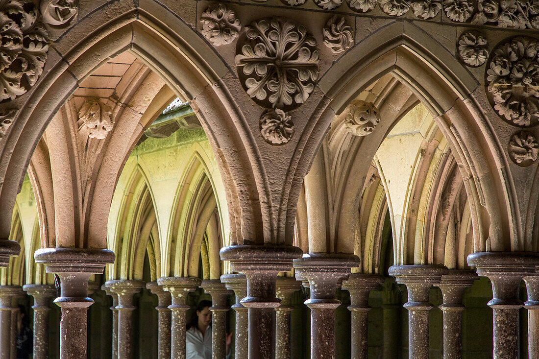 arch detail, cloister monastery, Abbey Mont-Saint-Michel, Unesco World Heritage, Site, Normandy, France