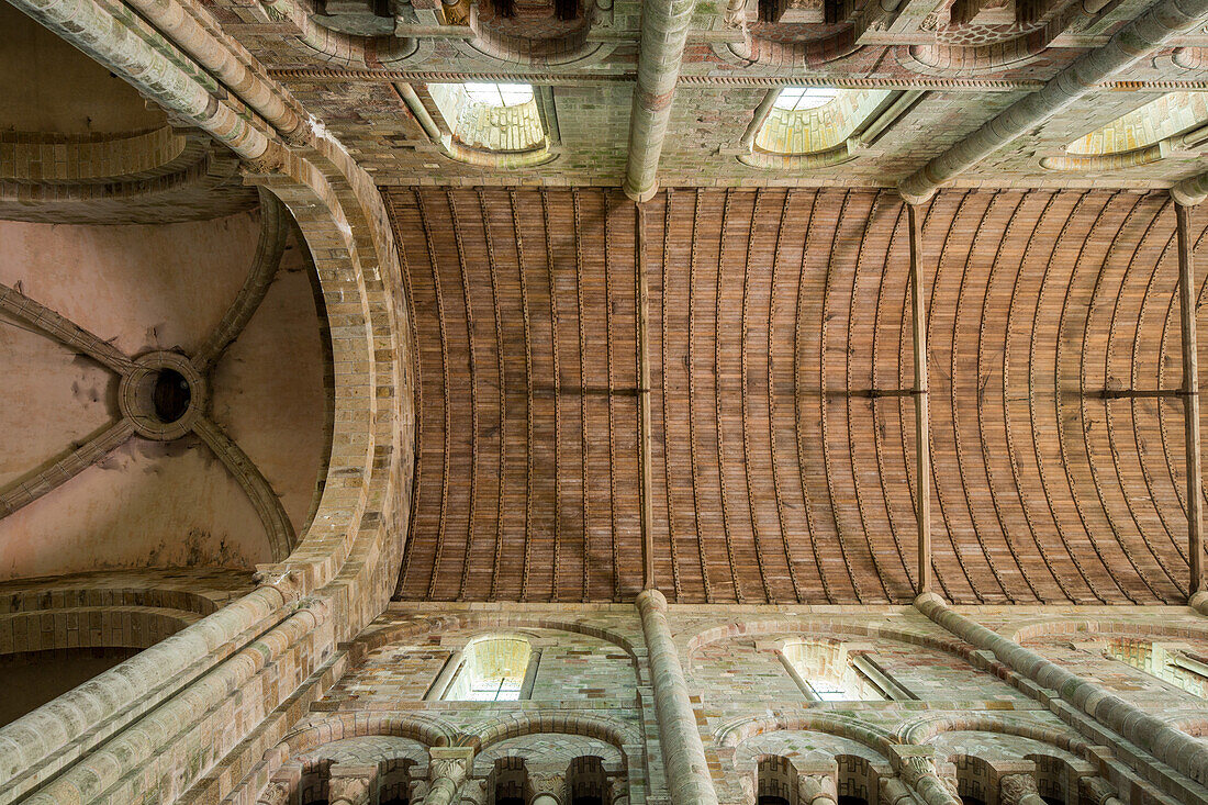 Mont-Saint-Michel Abbey, the timber vaulted roof of the abbey church, view upwards, Unesco World Heritage, Site, Normandy, France