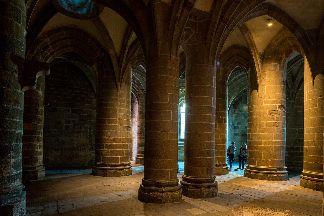 pillared crypt, monastery, Abbey Mont-Saint-Michel, Unesco World Heritage, Site, Normandy, France