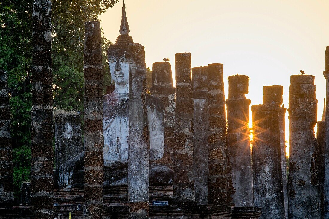 Asia. Thailand, old capital of Siam. Sukhothai archaeological Park, classified UNESCO World Heritage. Wat Mahatat. Buddha statue at sunset.