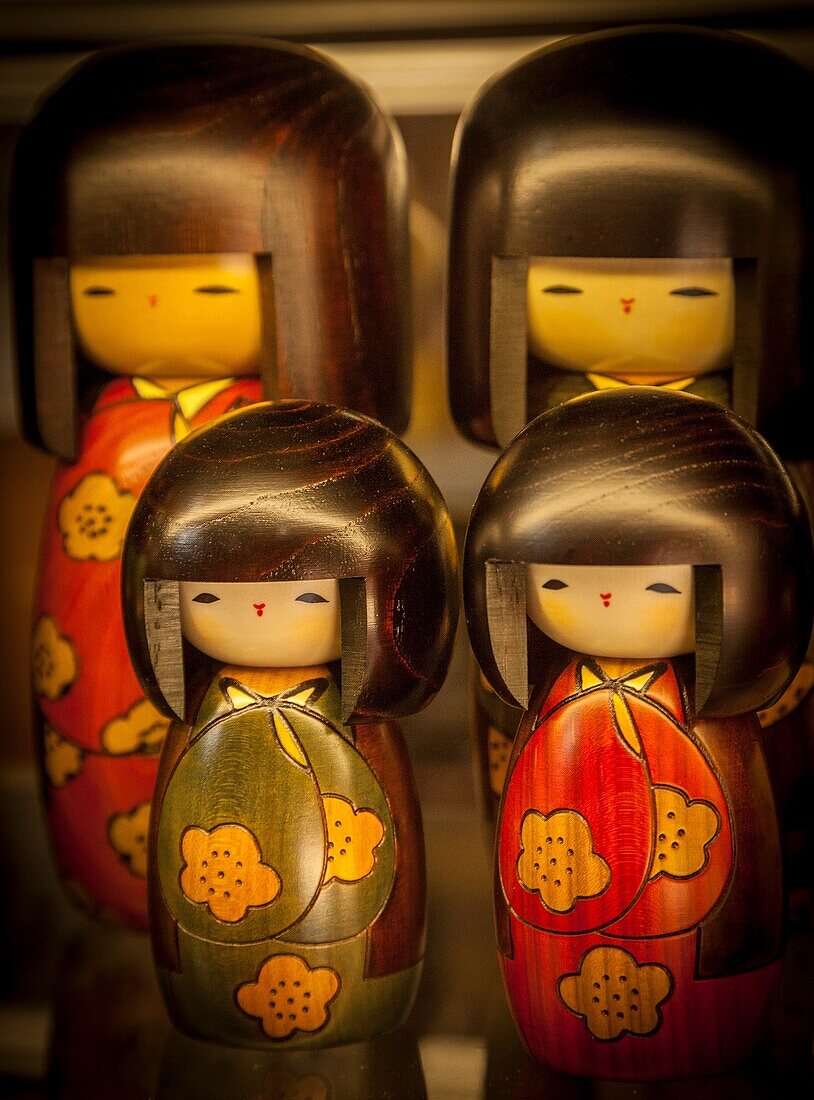 Traditional Japanese wooden dolls, for sale in craft shop, Tsumago, Northern Japan Alps, Japan.