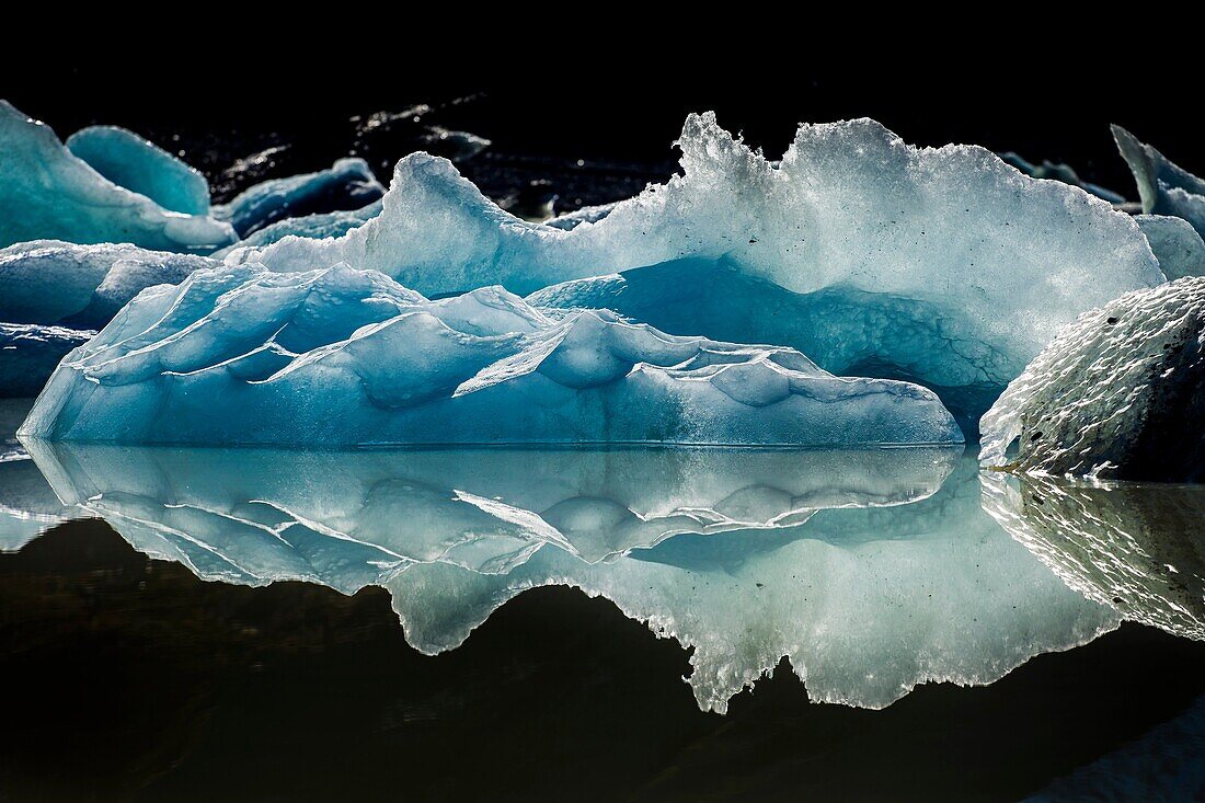 Iceberg reflection, Hooker glacier lake, Aoraki / Mount Cook National Park, New Zealand.