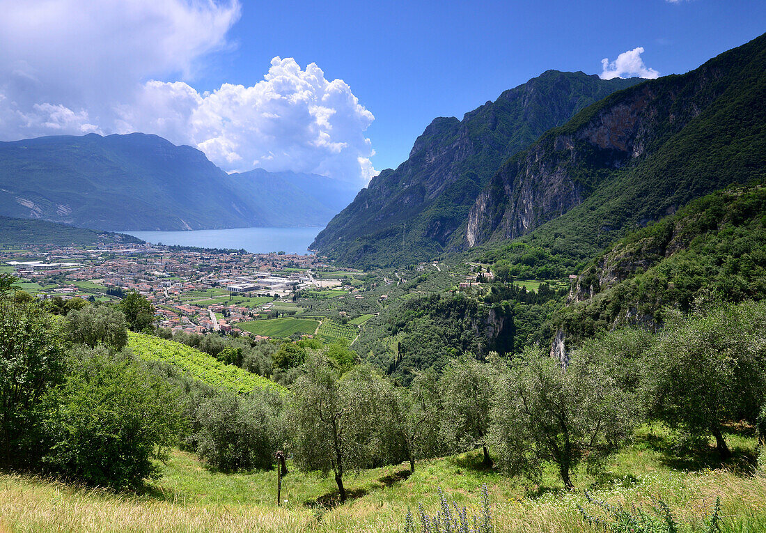 view near Tenno over Riva, Northern lake Garda, Trentino, Italy
