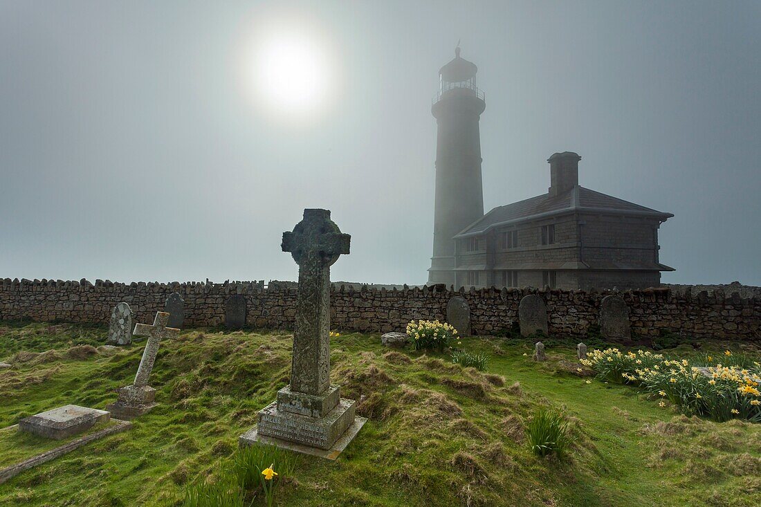 Foggy afternoon at the lighthouse on Lundy Island, Devon, England, United Kingdom.