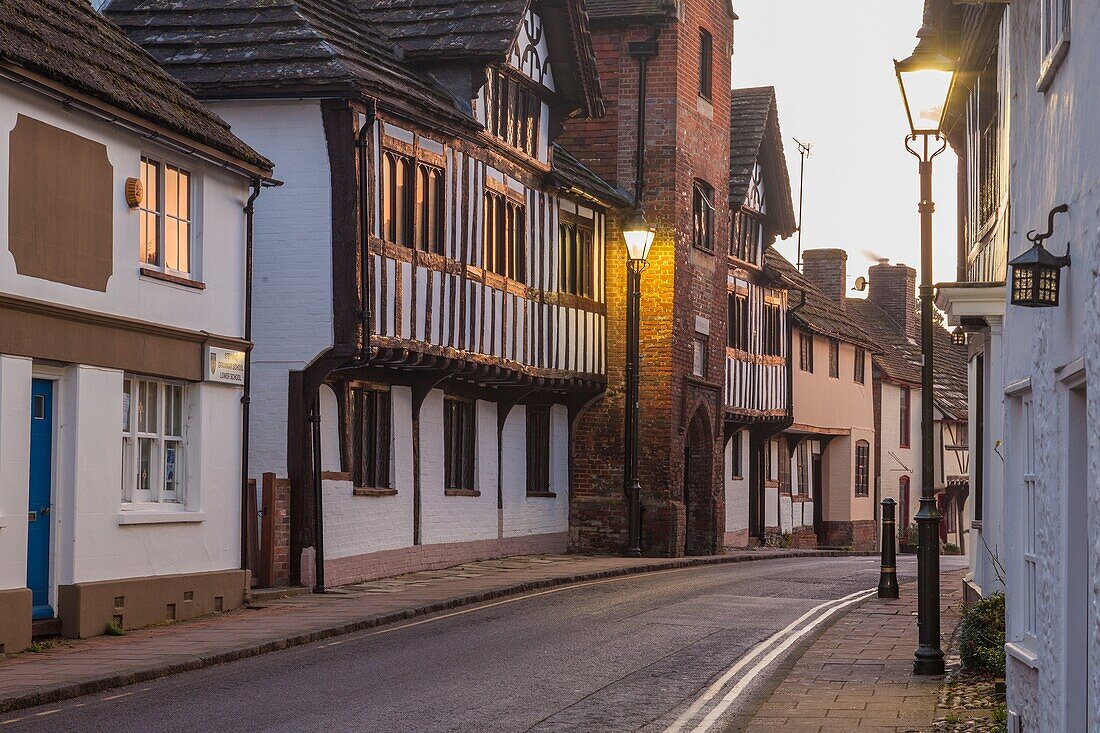 Evening on Church Street in Steyning, West Sussex, UK.