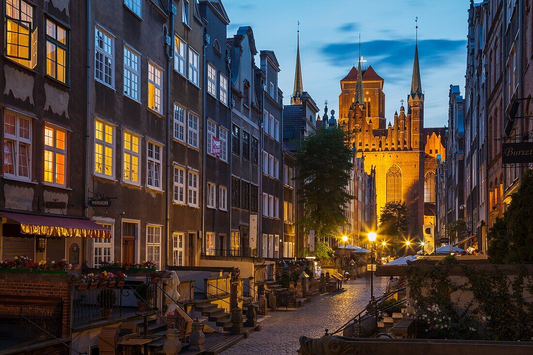 Dusk on Mariacka Street in Gdansk old town, pomorskie province, Poland.