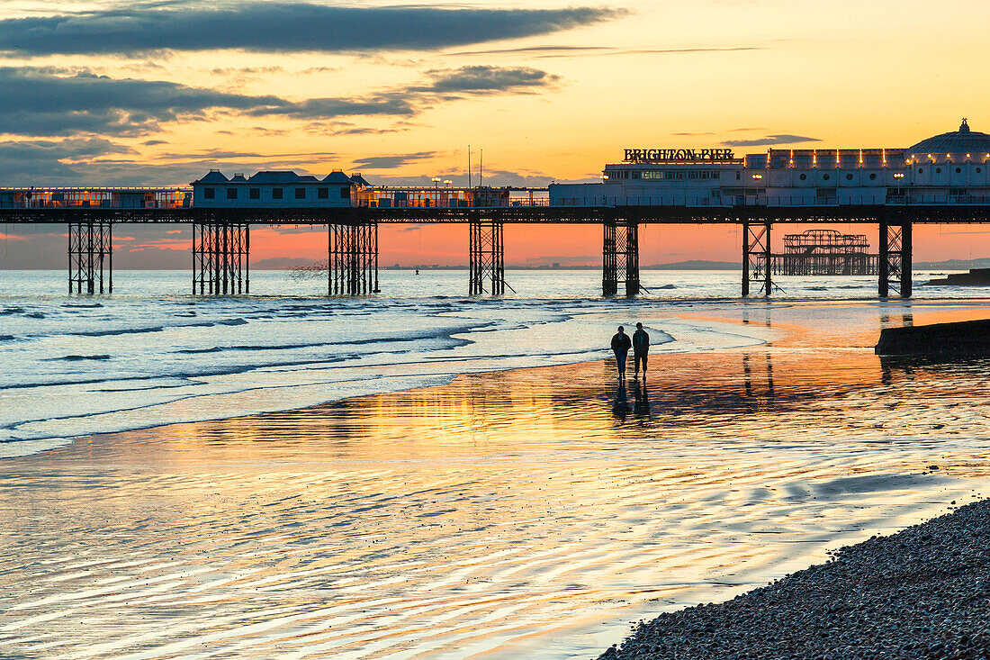 Winter evening on Brighton beach at low tide, East Sussex, England.