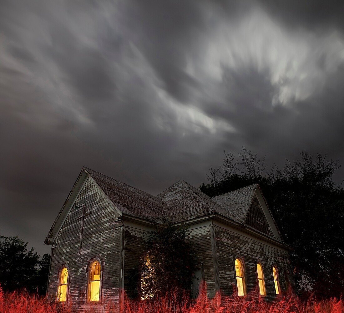 Stormy night sky at an Abandoned Church near Walters, Oklahoma.