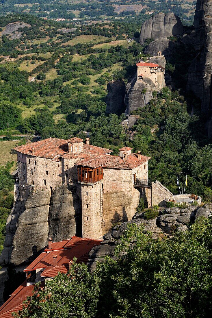 Greek orthodox monasteries of Rousanou (Saint Barbara) and Saint Nicholas of Anapafsas. Greece, Central Greece, Thessaly, Meteora monasteries complex, listed as World Heritage by UNESCO.