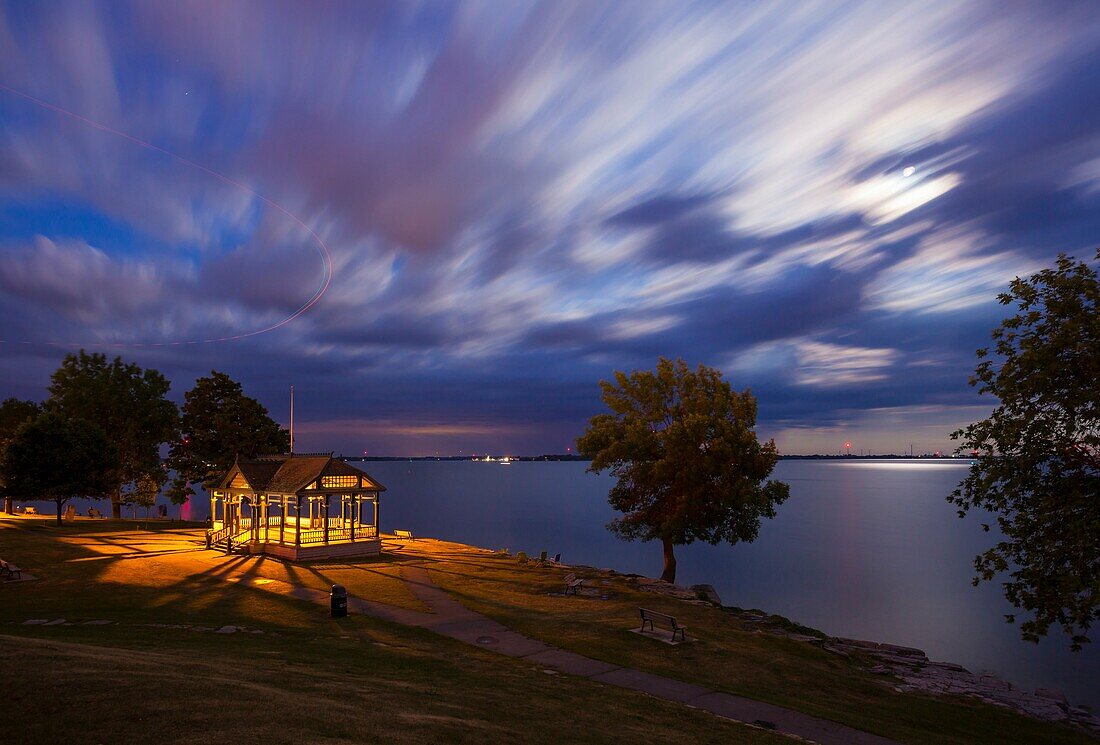 A view of a gazebo in MacDonald Park along the shore of Lake Ontario. Kingston, Ontario, Canada.