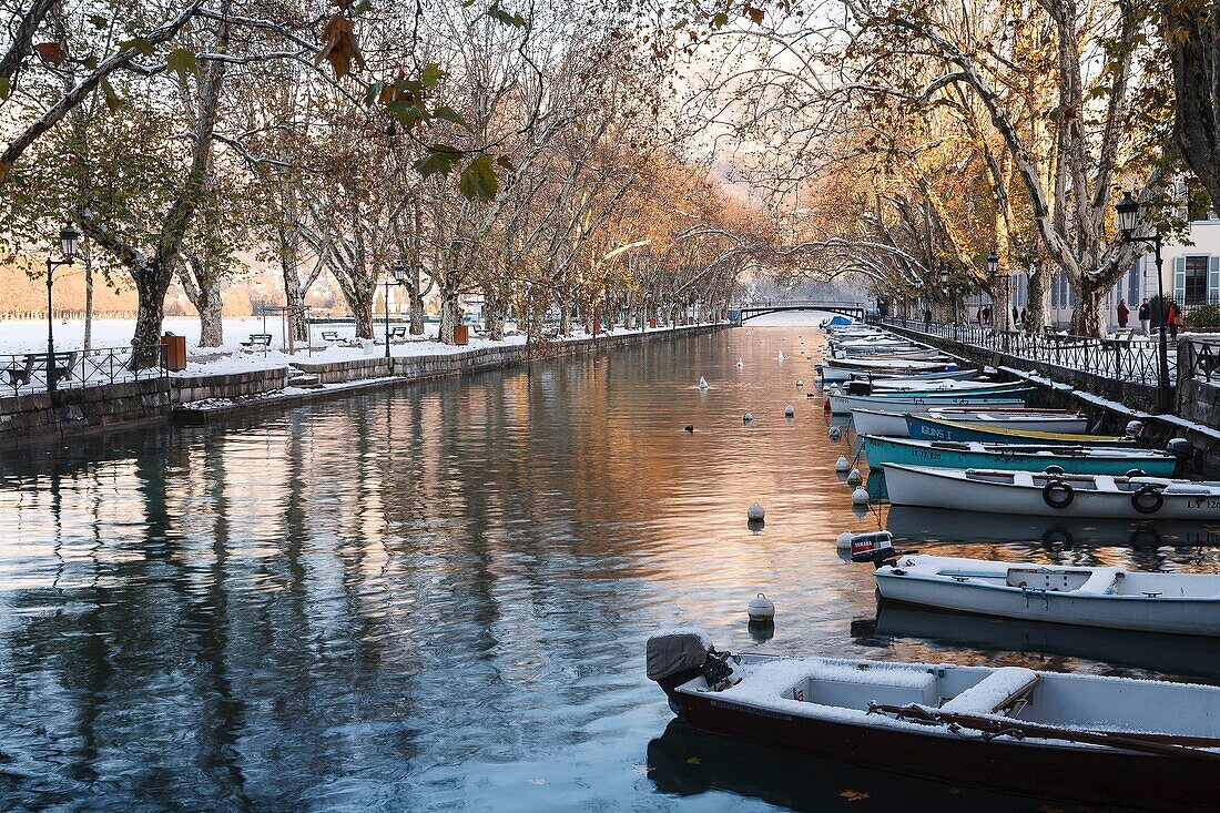 Boats and canal, Annecy lake, Savoie, France, Europe.