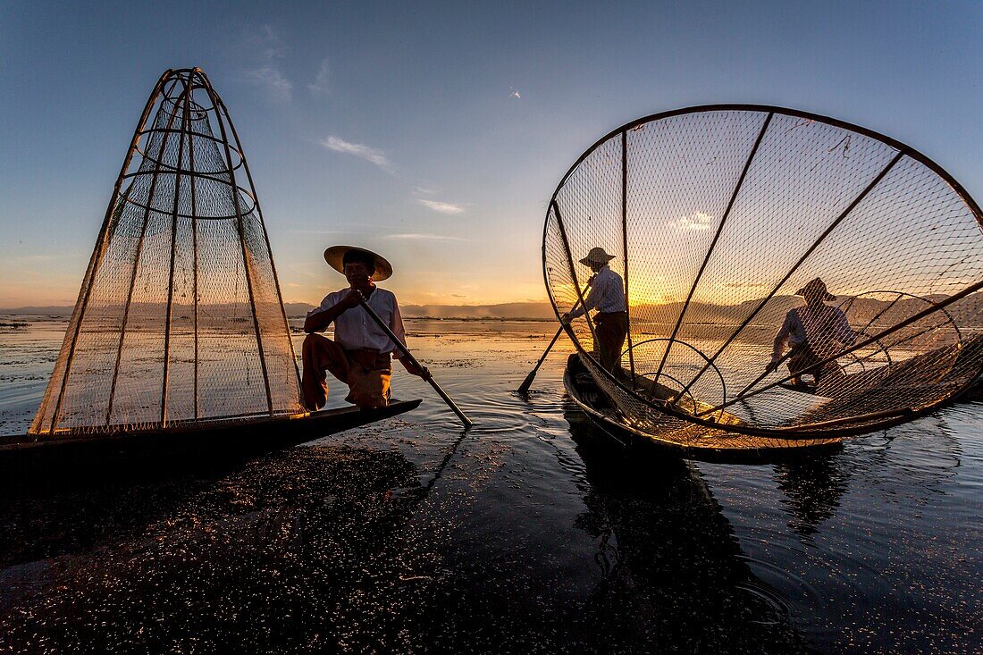 Fisherman on Inle Lake fishing, Myanmar.