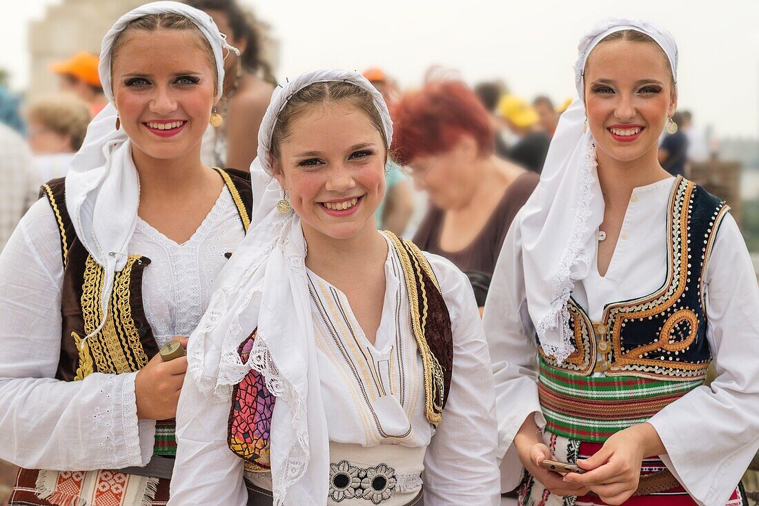 Young Girls in traditional Serbian folklore dress,participants in the International folklore festival,Belgarade,Serbia.