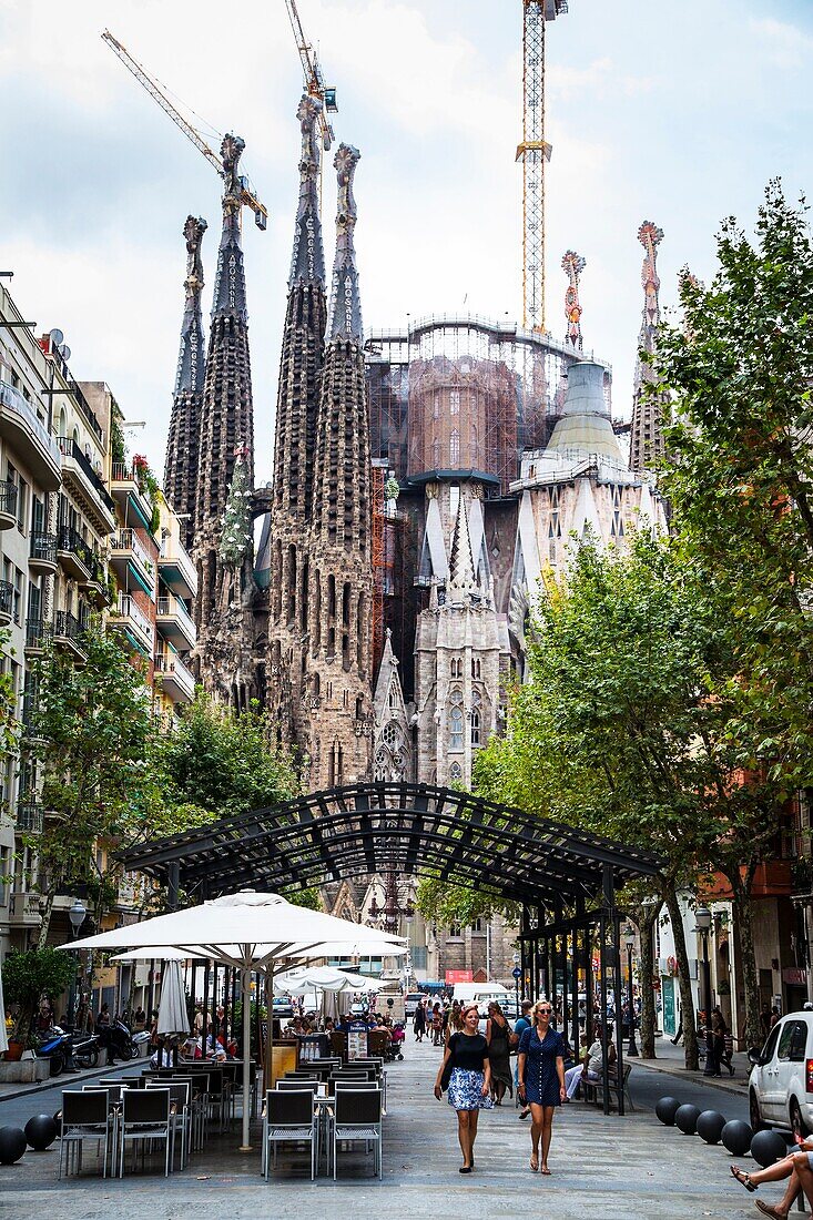 Famous Basilica y Templo Expiatorio de la Sagrada Familia at the end of Avinguda Gaudi.