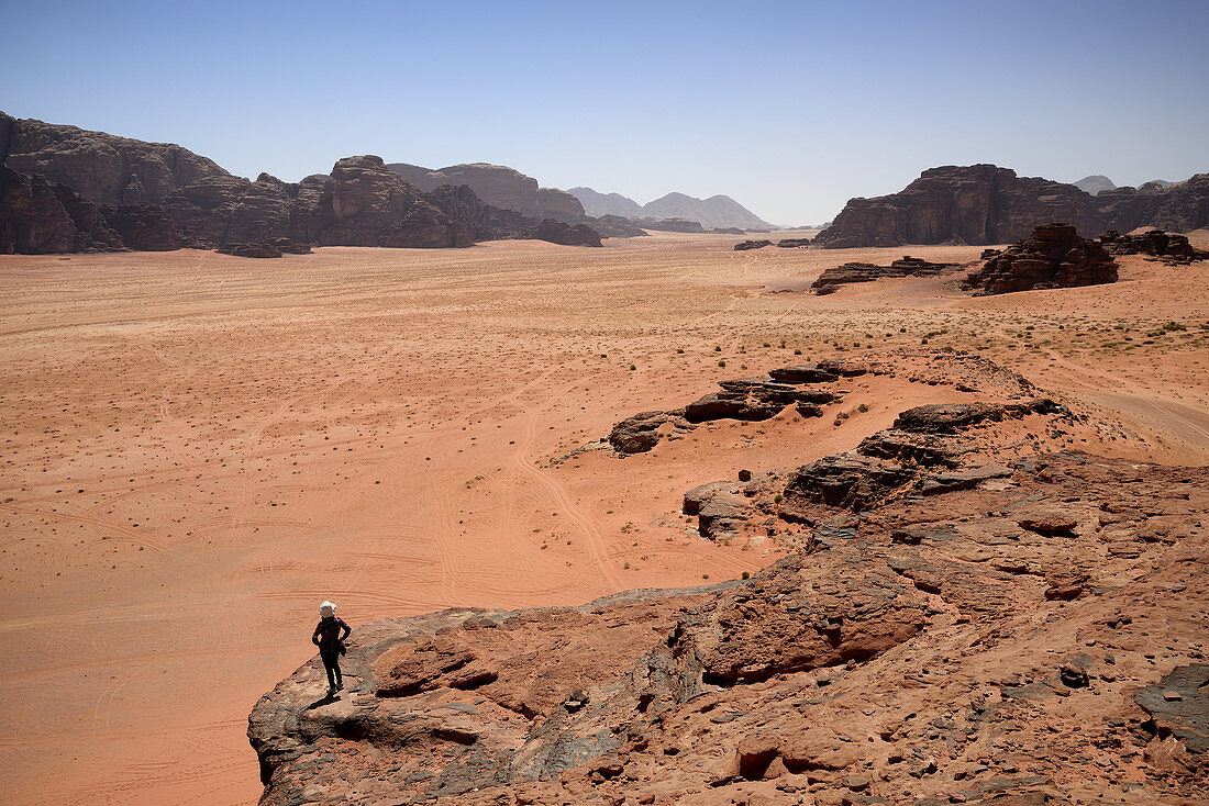 Desert of sand and rocks, Jebel Khazali area. Jordan, Wadi Rum desert, protected area inscribed on UNESCO World Heritage list. Model Released.