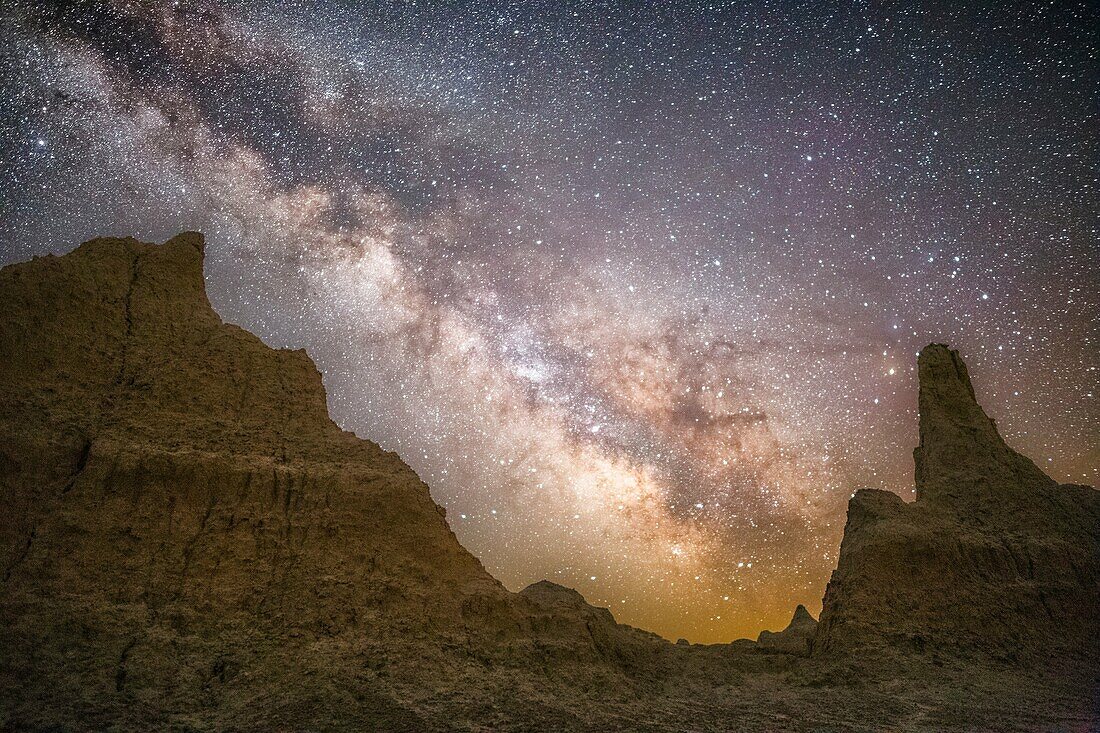 Milky Way rises over the Badlands of South Dakota.
