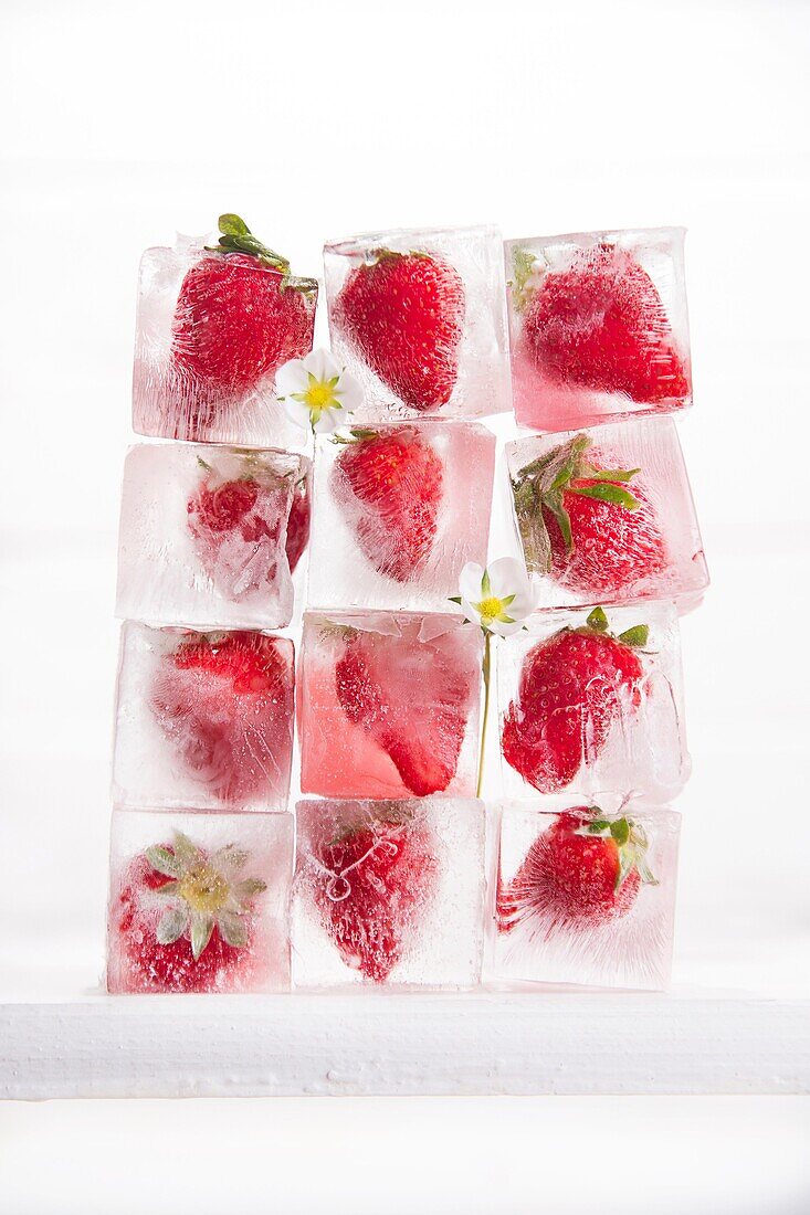 Presentation of a series of ice cubes with strawberries.