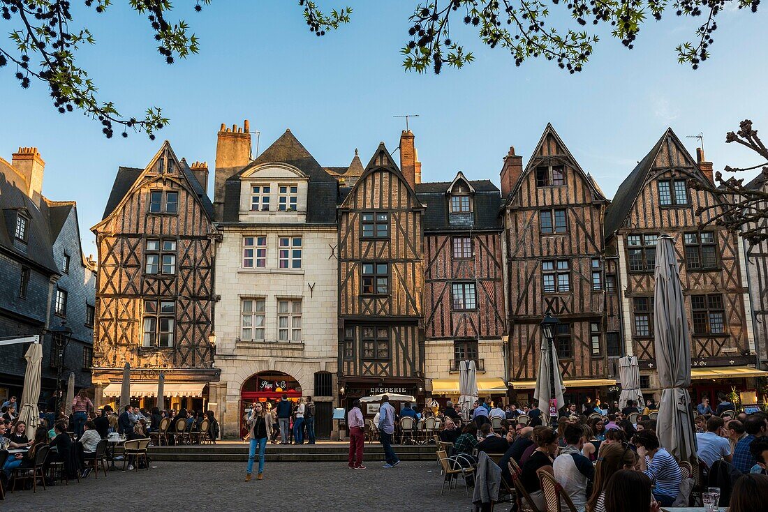 Timbered Houses and Terraces of Bars and Restaurants in Place Plumereau. Tours, Indre et Loire, Loire Valley, France, Europe.