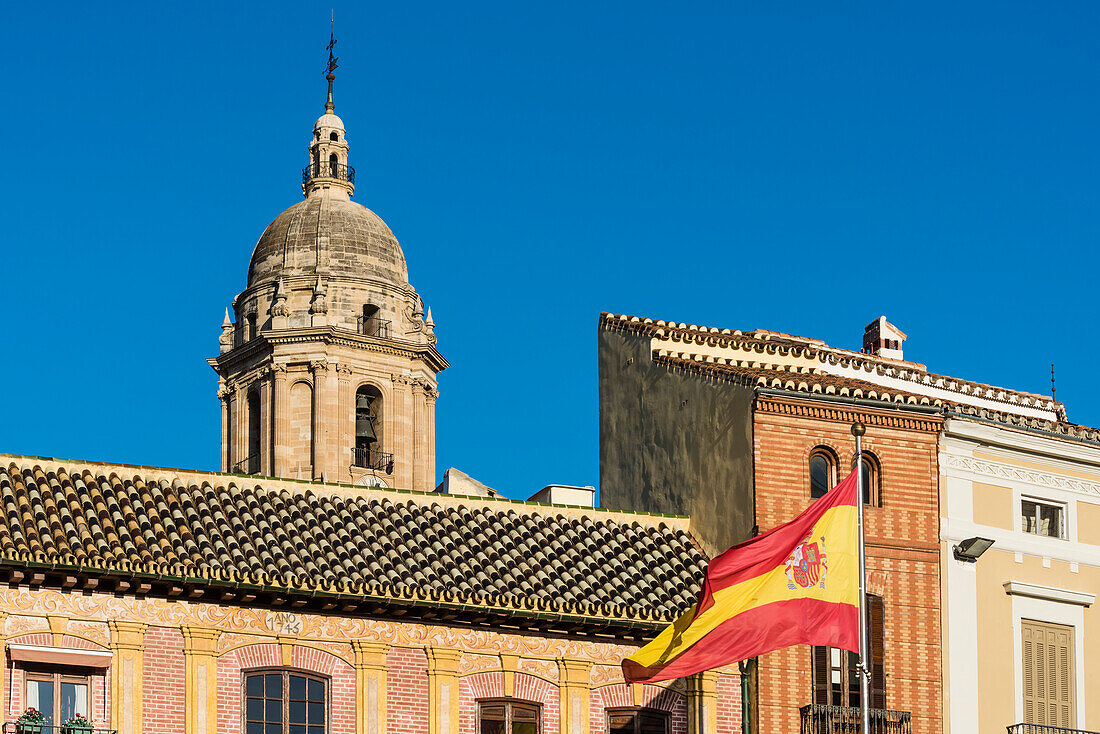 Buildings at the Plaza de la Constitution with cathedral Santa Iglesia Catedral Basílica de la Encarnacion and national flag, Malaga, Andalusia, Spain