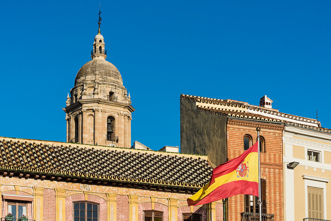Häuser an der Plaza de la Constitution mit Kathedrale Santa Iglesia Catedral Basílica de la Encarnación und Nationalflagge, Malaga, Andalusien, Spanien
