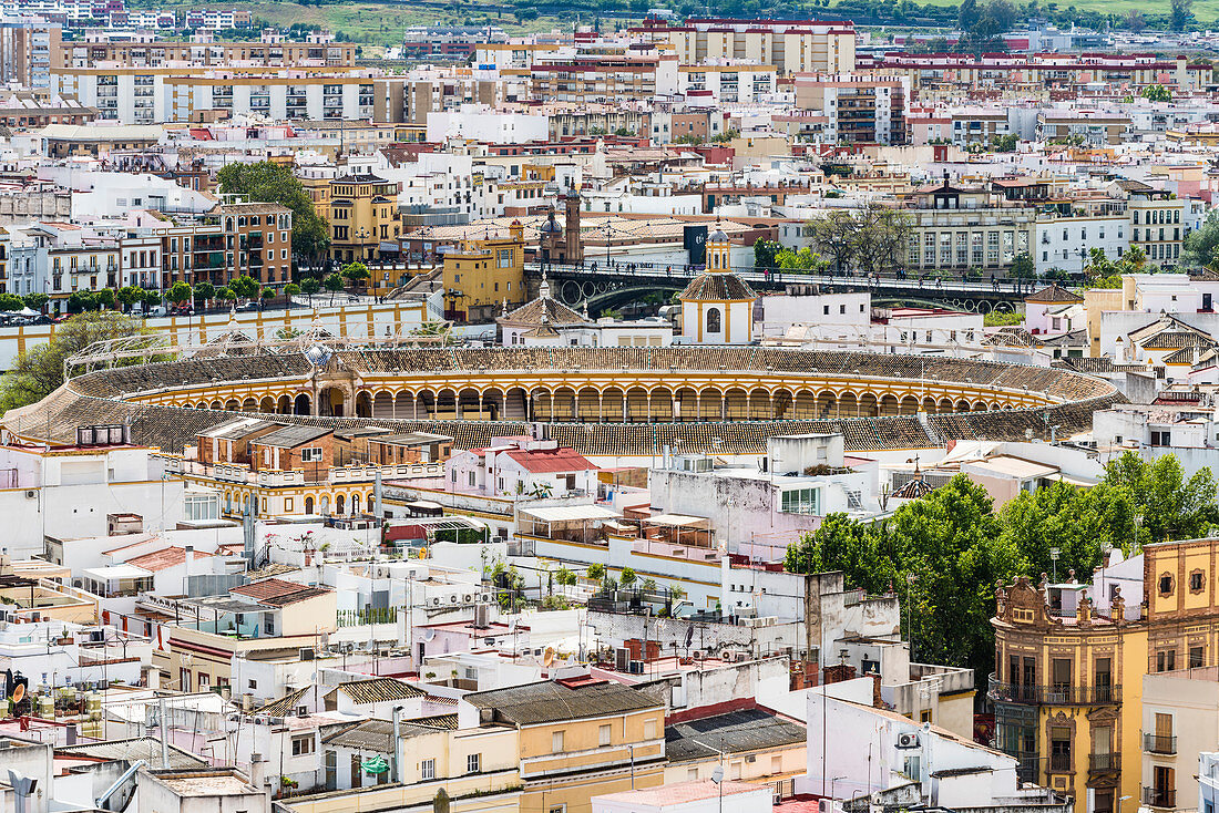 City view from the belltower of the cathedral with bull arena in the historical centre, Seville, Andalusia, province Seville, Spain