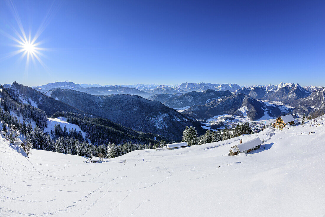 Hut Hochgernhaus in winter, Loferer Steinberge, Kaiser range and Chiemgau Alps in background, Hochgern, Chiemgau Alps, Upper Bavaria, Bavaria, Germany