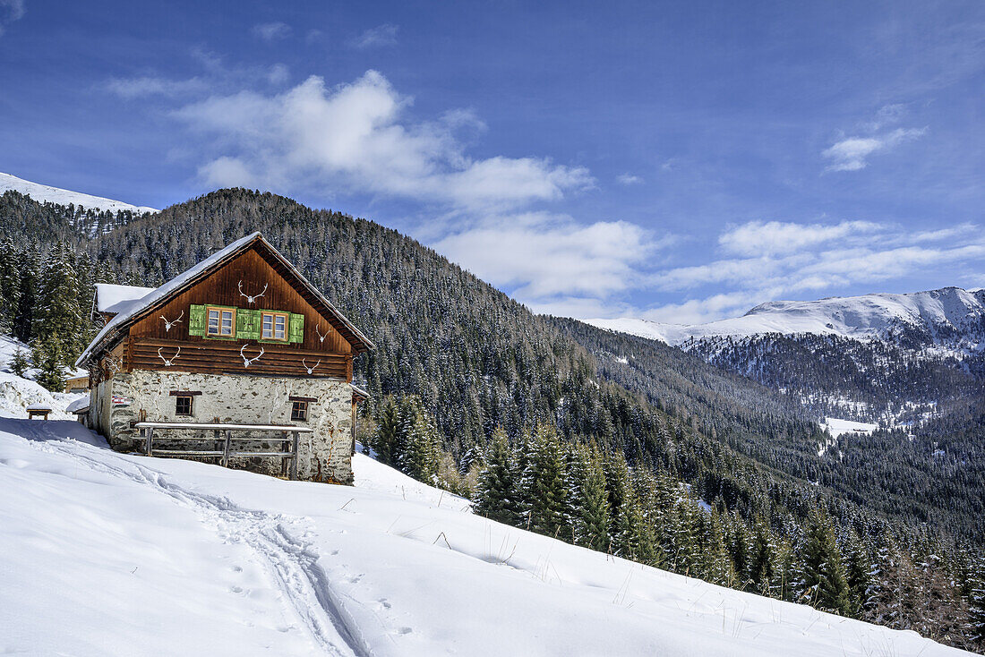 Almgebäude mit Hirschgeweihen, Eisenhut, Nockberge, Biosphärenpark Nockberge, Kärnten, Österreich