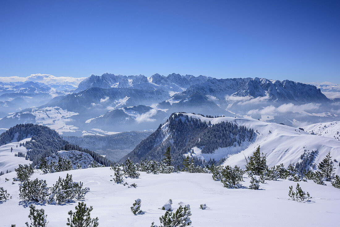 Blick vom Breitenstein auf Kaisergebirge, Breitenstein, Chiemgauer Alpen, Chiemgau, Oberbayern, Bayern, Deutschland