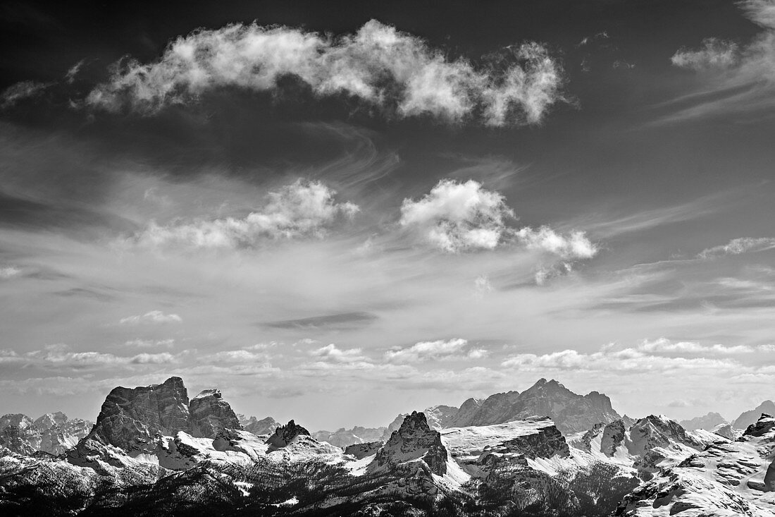 View towards Dolomites with Pelmo and Civetta, Kleine Gaisl, Fanes-Sennes-range, Dolomites, UNESCO World Heritage Dolomites, South Tyrol, Italy