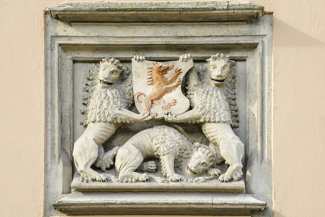 Sculpture with three lions and crest of Passau with Red Wolf, cityhall, Passau, Danube Bike Trail, Lower Bavaria, Bavaria, Germany