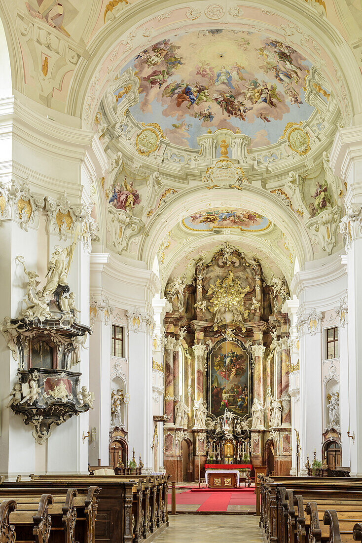 Altar and frescos at ceiling in church Engelszell, Engelszell, Engelhartszell, Danube Bike Trail, Upper Austria, Austria