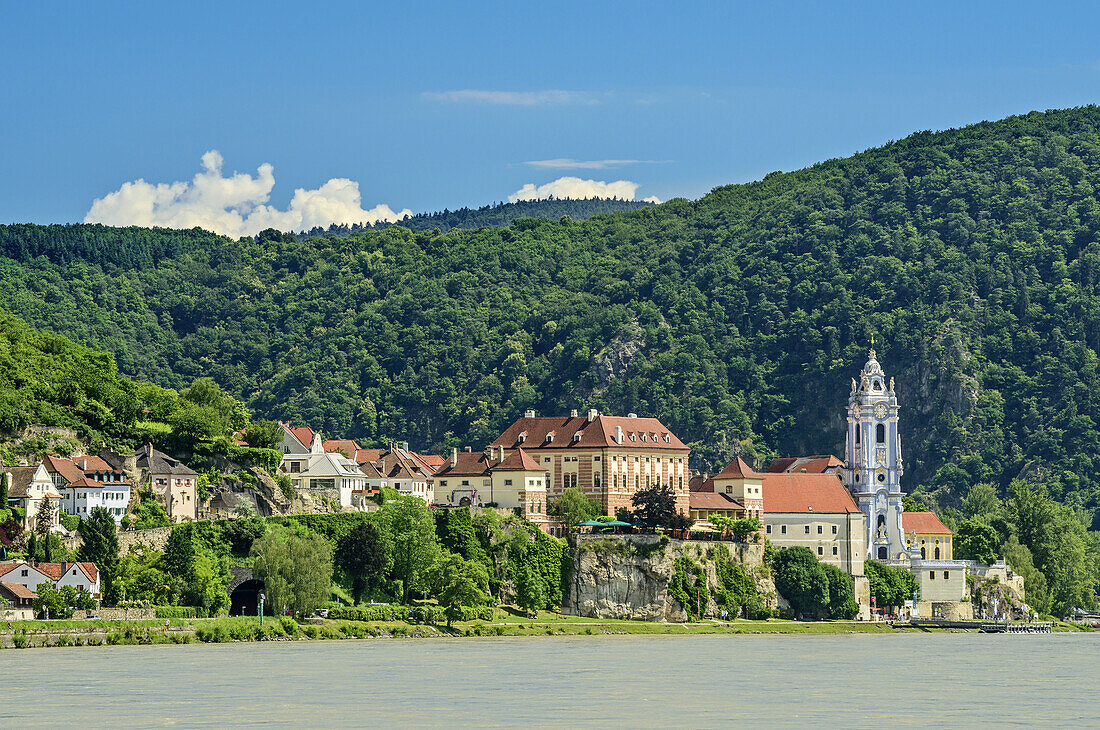 Dürnstein mit Donau, Dürnstein, Wachau, Donauradweg, UNESCO Weltkulturerbe Wachau, Niederösterreich, Österreich