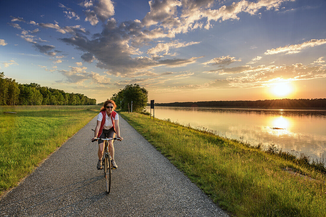 Woman cycling at Danube, Klosterneuburg, Danube Bike Trail, Lower Austria, Austria