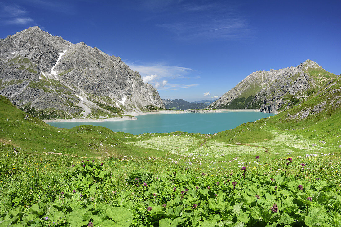 View to lake Luenersee, lake Luenersee, Raetikon trail, Raetikon, Vorarlberg, Austria