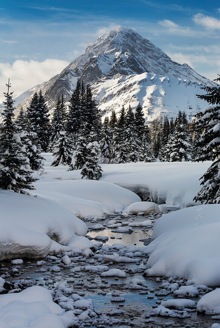 'An open creek with snow covered curvy banks, filled with snow covered rocks and snow covered trees with snow covered mountain, blue sky and clouds in the background; Kananaskis Country, Alberta, Canada'
