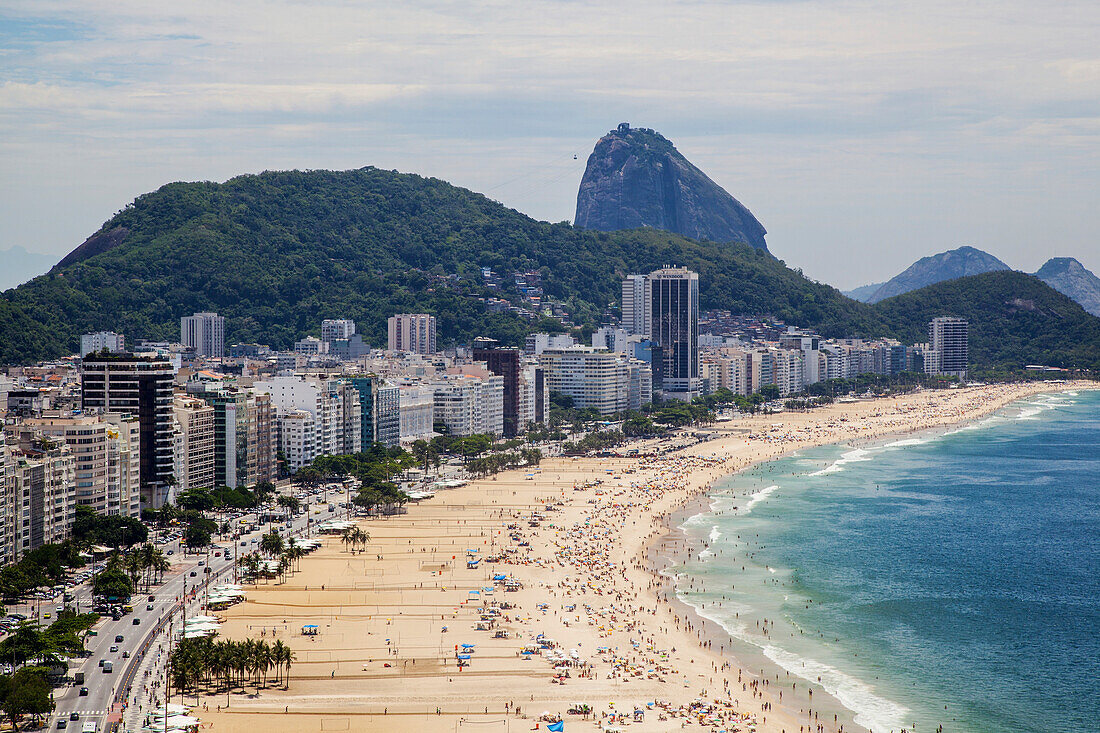 'Copacabana from above looking towards Sugarloaf Mountain; Rio de Janeiro, Brazil'