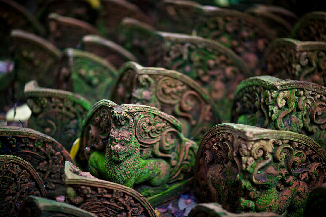 'In a factory that produces terra-cotta statues for gardens, the broken or flawed ones are discarded, soon becoming swallowed up by the jungle. These are temple lions; Chiang Mai, Thailand'