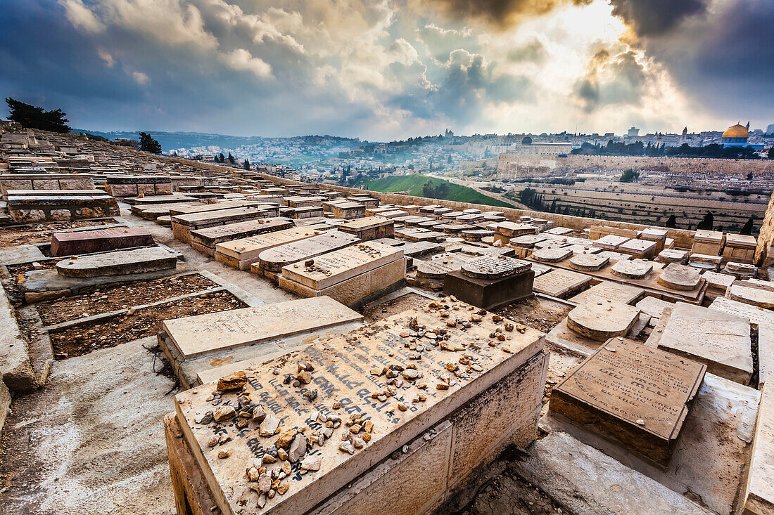 'Western slope of the Mount of Olives covered by thousands of Jewish graves facing toward the Temple Mount and the Eastern Gate of the old city of Jerusalem; Jerusalem, Israel'