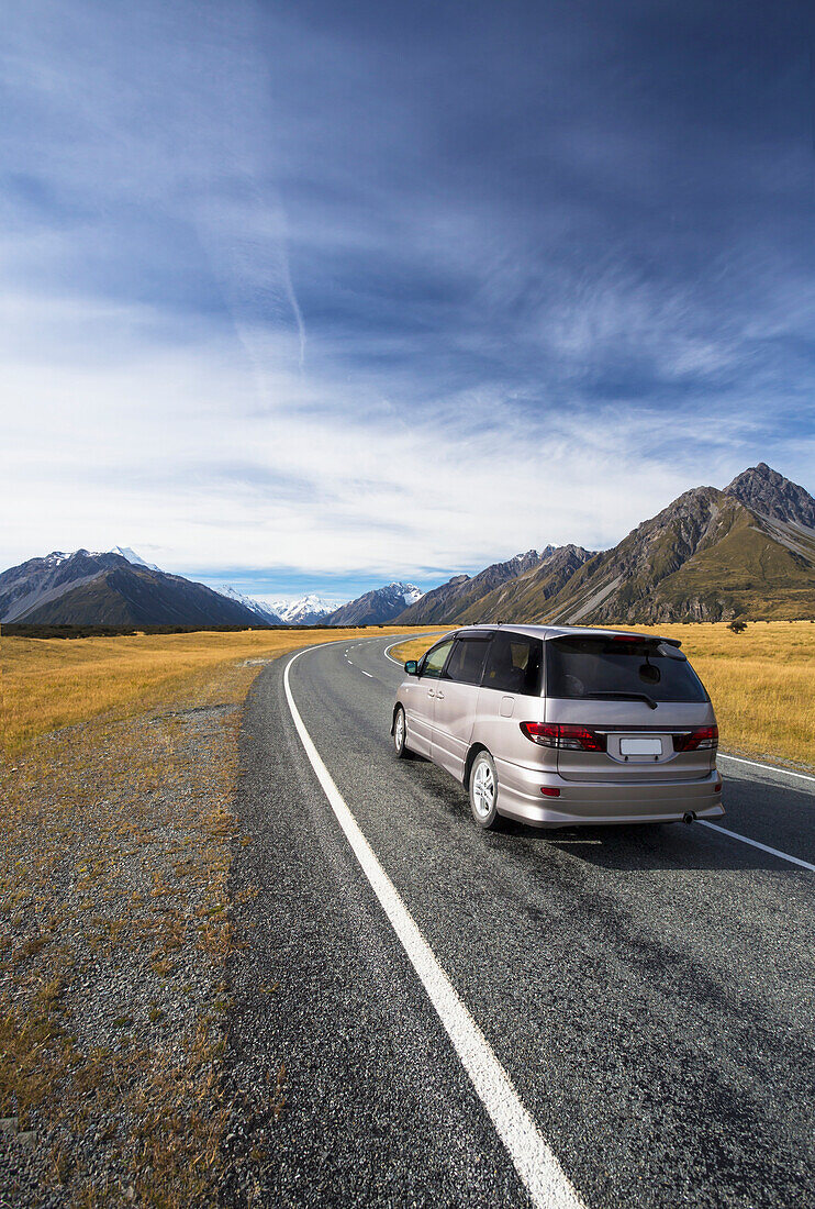 'Driving into Mount Cook National Park; Mount Cook, Canterbury, New Zealand'