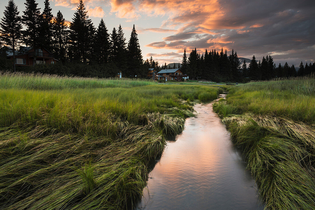 Sunset over a slough near the Silver Salmon Creek Lodge, Lake Clark National Park & Preserve, South-central Alaska