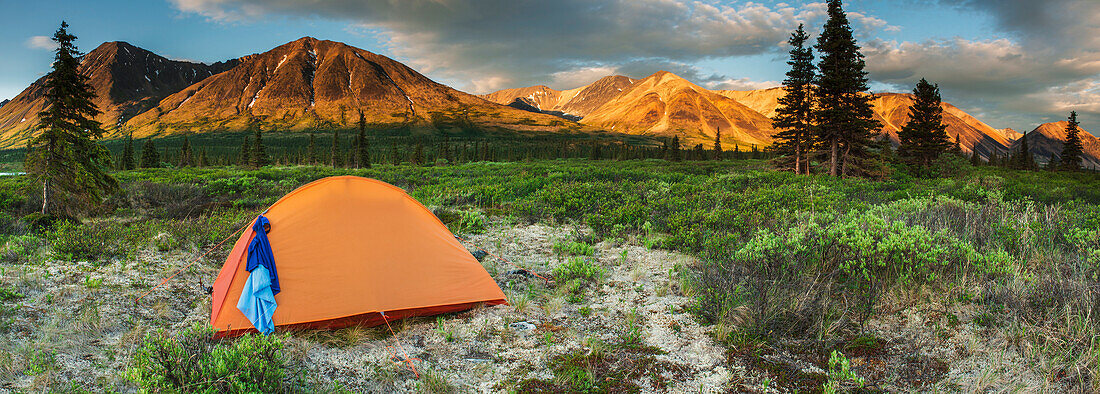 Tent at a wilderness camp site in the Twin Lakes area of Lake Clark National Park & Preserve, Alaska.