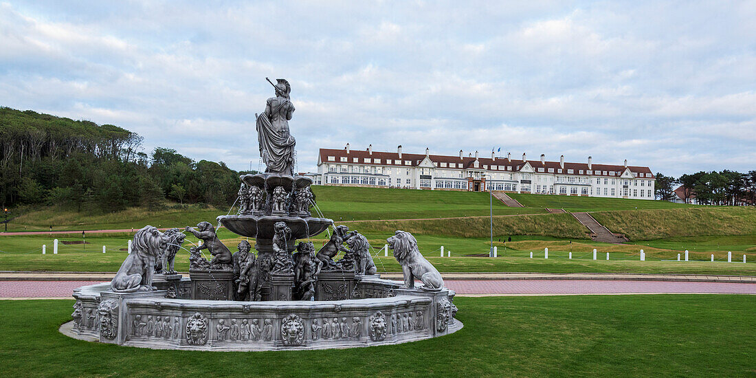 'Water fountain and Turnberry Hotel at Trump Turnberry golf resort; Turnberry, Scotland'