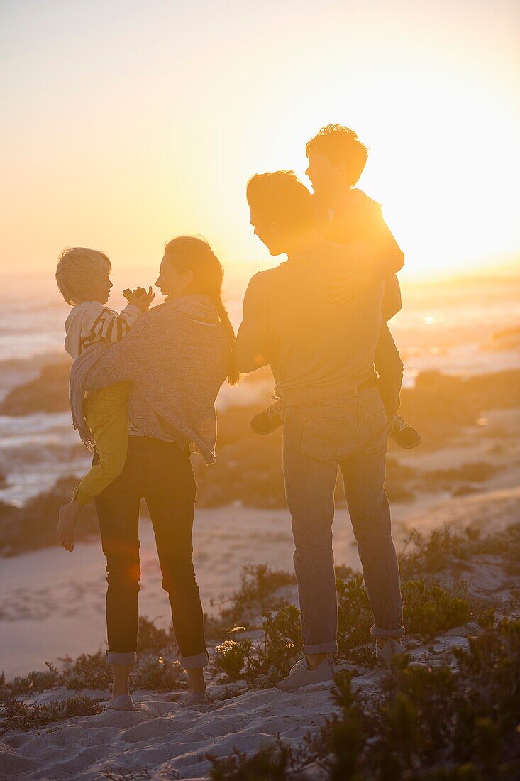 Rear view of a family standing on the beach